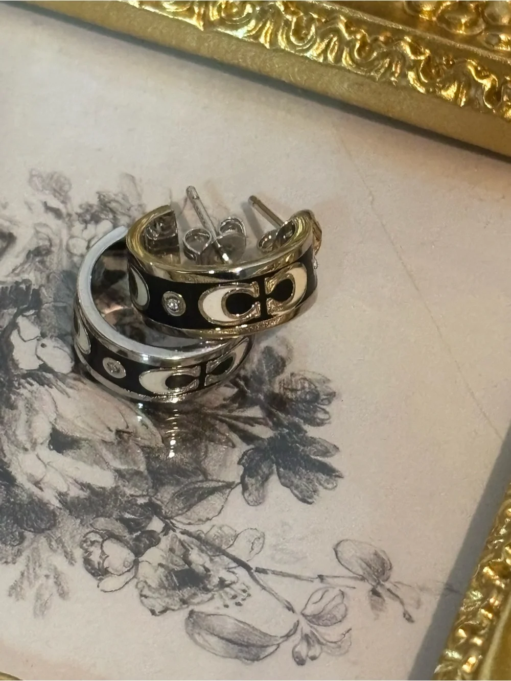 🖤 Poshmark Title  Coach Black Enamel Crystal Signature C Silver Tone Hoop Earrin